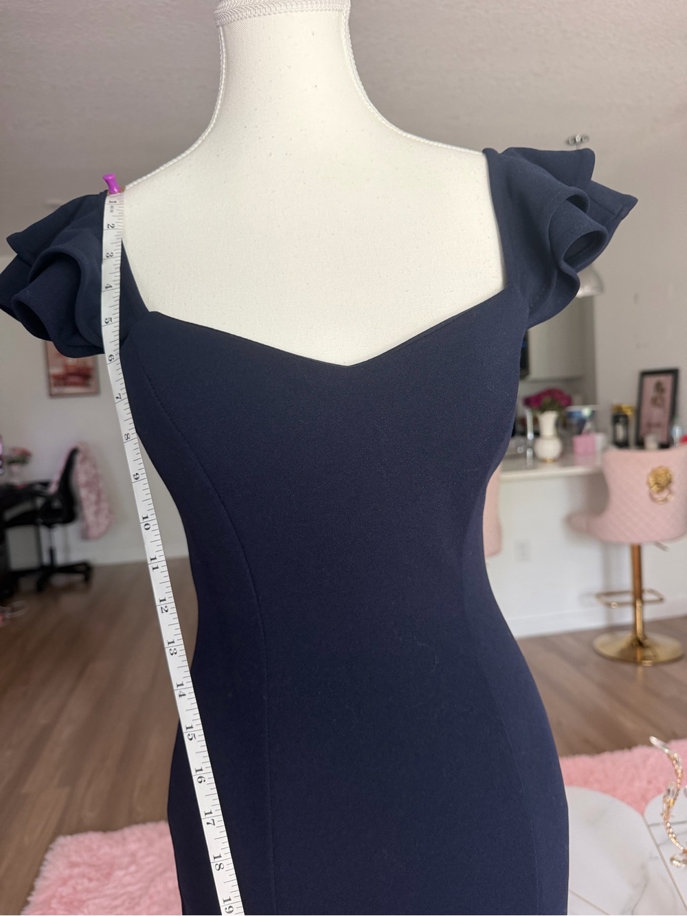 Barbiecore Women’s Navy Ruffle Sleeve Bodycon Dress with back detail - Picture 6 of 12
